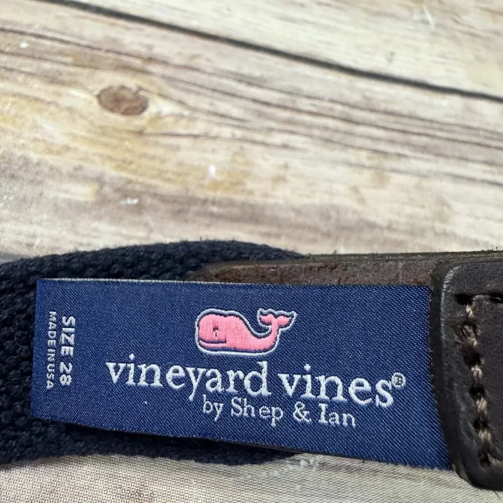 Vineyard Vines Boys Navy Blue & Brown Leather Preppy Swordfish Belt 28